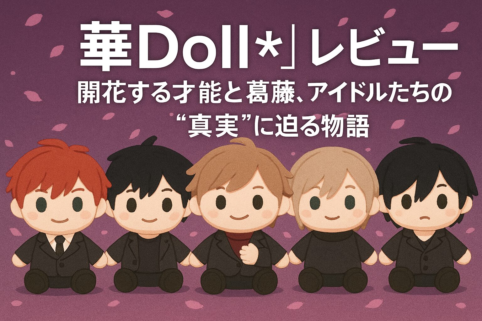 「華Doll*」のキャラクターをモチーフにしたぬいぐるみ風の5人が横一列に並び、紫の背景に舞う桜の花びらの中で微笑んでいる。アイドルとしての成長と内面の葛藤を象徴する、可愛らしくも意味深なビジュアル。