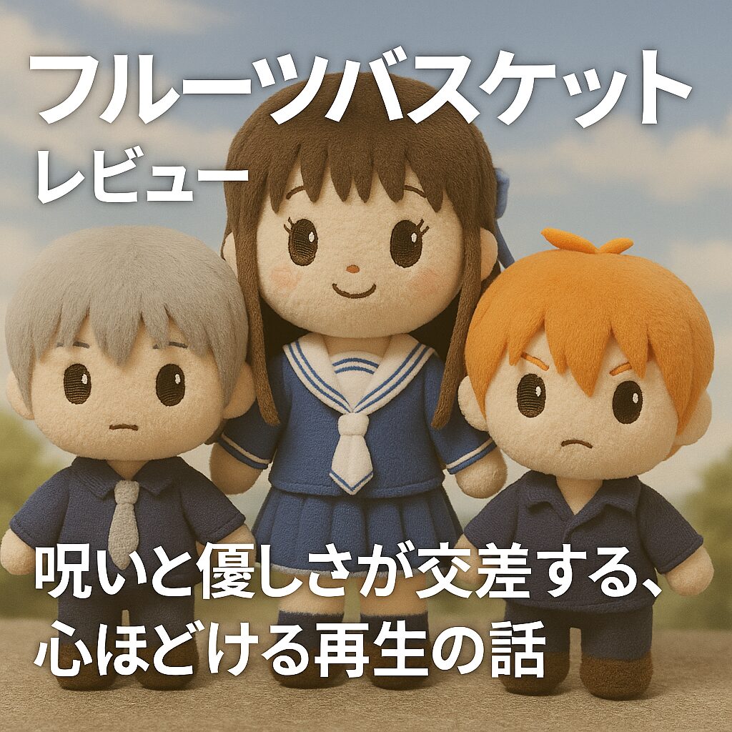 制服姿のぬいぐるみの少年2人と少女が並んで立っている。中央の少女は微笑み、左の少年は穏やかに、右の少年は少し照れくさそうな表情。青空の下、3人のぬいぐるみが仲良く寄り添っている様子が微笑ましい。