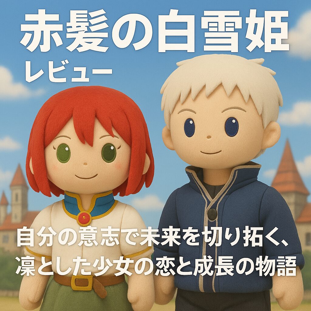 お城を背景に立つ、赤髪のぬいぐるみの少女と、銀髪のぬいぐるみの少年。中世風の衣装をまとい、穏やかに微笑む2体のぬいぐるみが並んでいる。青空と塔の景色が、幻想的でやさしい雰囲気を演出している。