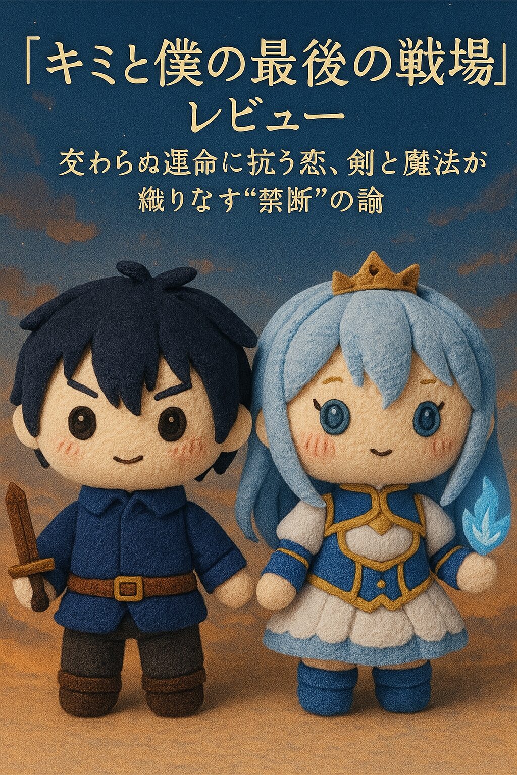 ぬいぐるみ風に描かれたアニメ『キミと僕の最後の戦場』のキャラクター、剣を持つ黒髪の少年（イスカ）と、魔力を放つ青髪の少女（アリスリーゼ）が並んで立っている。夕暮れの空を背景に、レビュータイトルとキャッチコピーが添えられた温かみのあるプロモーション画像。