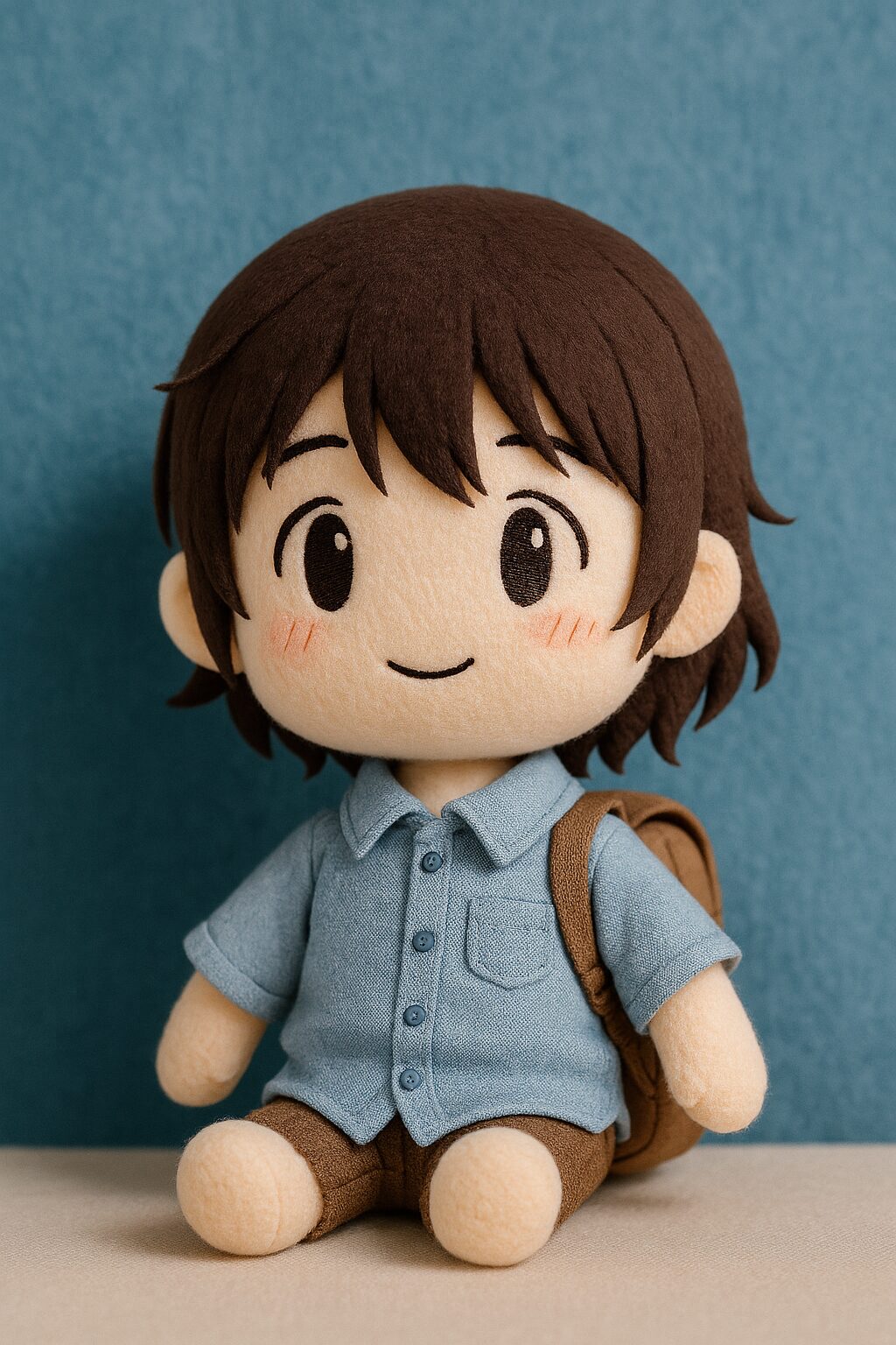 夕暮れの空を背景に、青いシャツとリュックを背負った女の子のぬいぐるみがまっすぐ前を見つめている様子