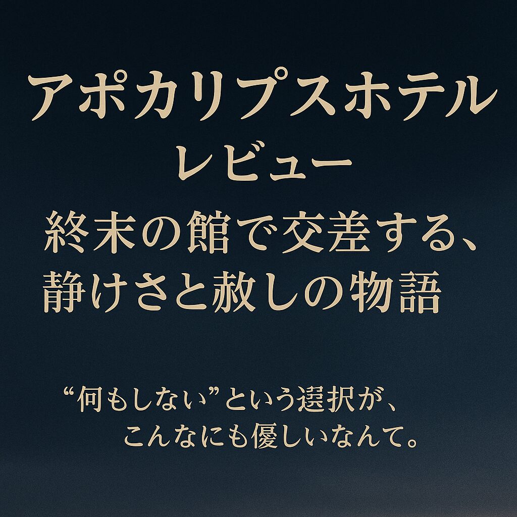 夕暮れの空を背景に、古びたホテルのロビーで佇む男女キャラクターたち。静かな終末の空気感を纏い、それぞれ異なる想いを抱えている様子が描かれたアニメ風のイラスト。