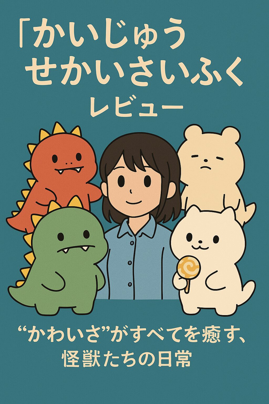 夕暮れの空の下、かわいらしい怪獣たちが並んで立つ『かいじゅうせかいせいふく』のアニメレビュー用アイキャッチイラスト。ほのぼのとした表情とやさしい色合いが特徴