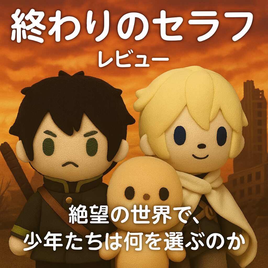 「アニメ『終わりのセラフ』のレビュー用アイキャッチ。荒廃した都市を背景に、黒と白の軍服を着たぬいぐるみ風のキャラクターが背中合わせに立っている。空は夕焼けに染まり、終末感のある雰囲気が漂う。」