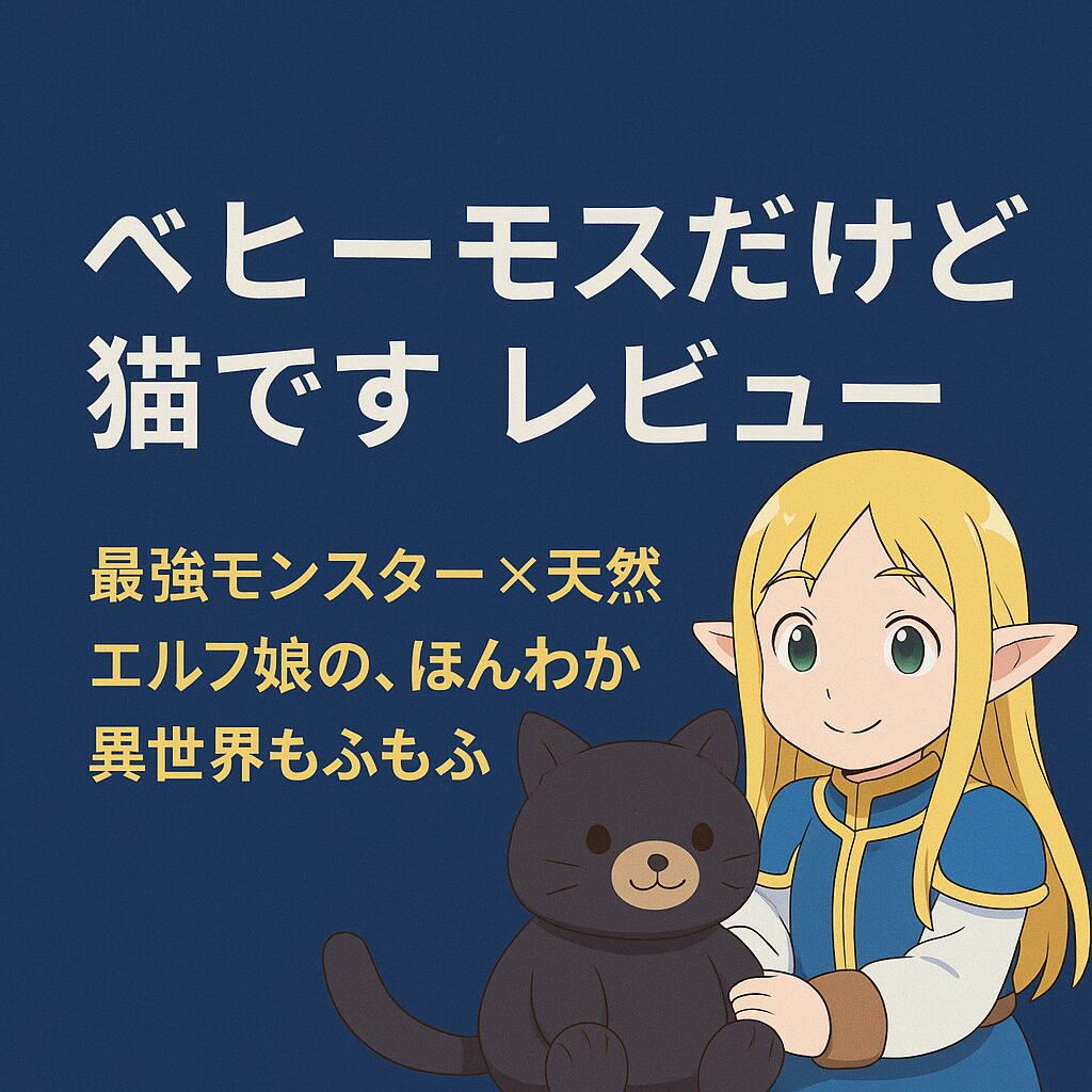 Sランクモンスターのベヒーモス』レビュー用のぬいぐるみ風イラスト。黒猫風のベヒーモスと、エルフ娘のぬいぐるみキャラクターが寄り添うように座っており、柔らかなタッチでほのぼのとした雰囲気を演出している。
