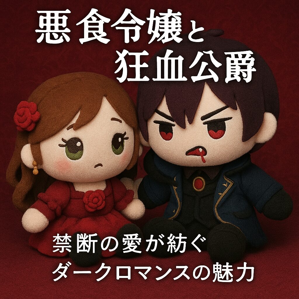 「『悪食令嬢と狂血公爵』のキャラクターをぬいぐるみ風にデザインしたイラスト。赤いドレスの令嬢と、赤い瞳の公爵が並んで座っている。」