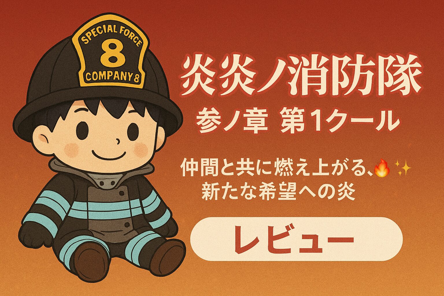 「炎炎ノ消防隊 参ノ章 第1クール」のレビュー記事用アイキャッチ画像。ぬいぐるみ風のシンラが消防士のヘルメットと隊服を着て座り、背景は炎をイメージした赤とオレンジのグラデーション。右側にタイトルとレビュー案内のテキスト。