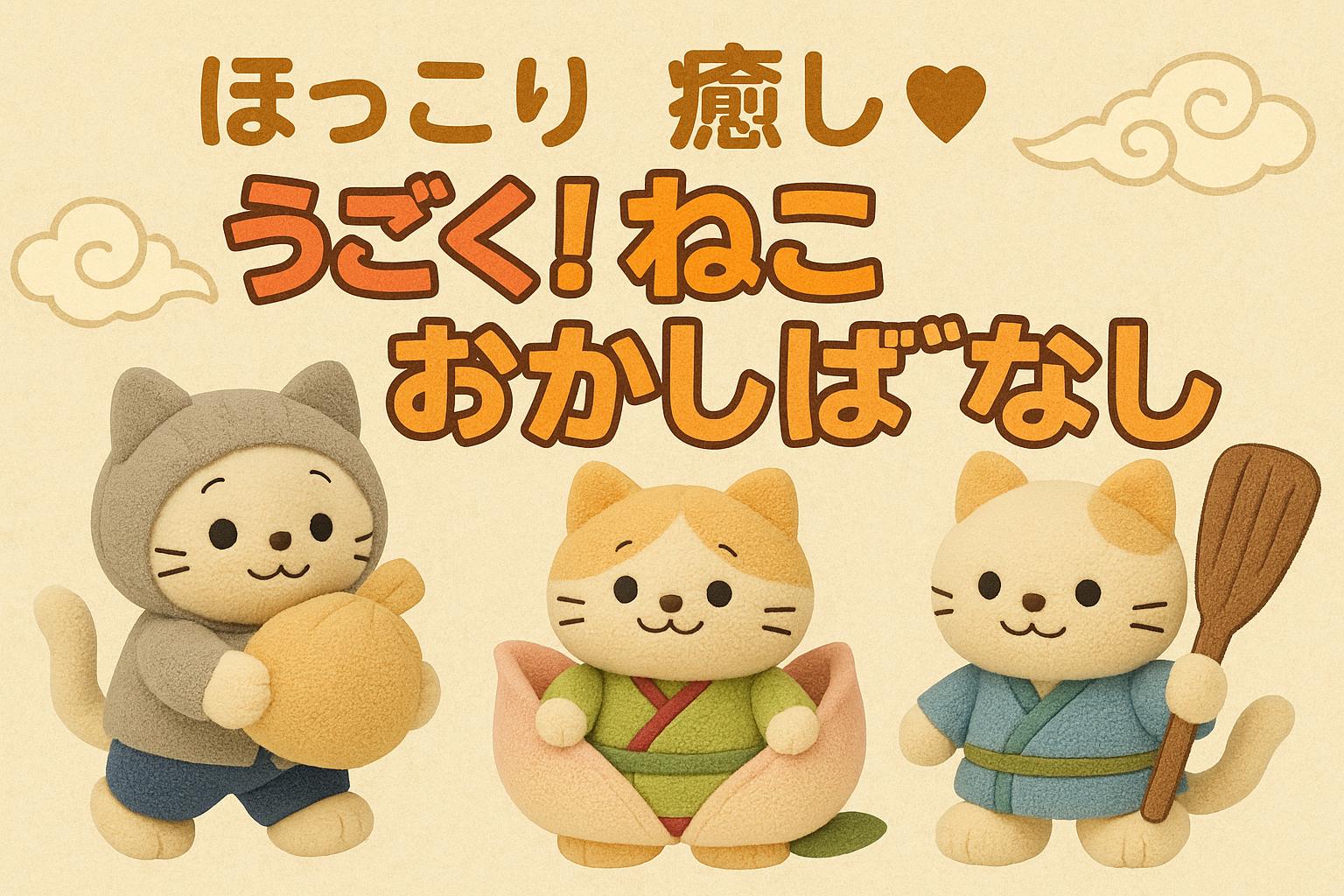 「ぬいぐるみの猫たちが日本の昔ばなしの登場人物になりきって並んでいるイラスト。柔らかい色合いと温かい雰囲気で、懐かしさと癒しを感じさせるデザイン。」