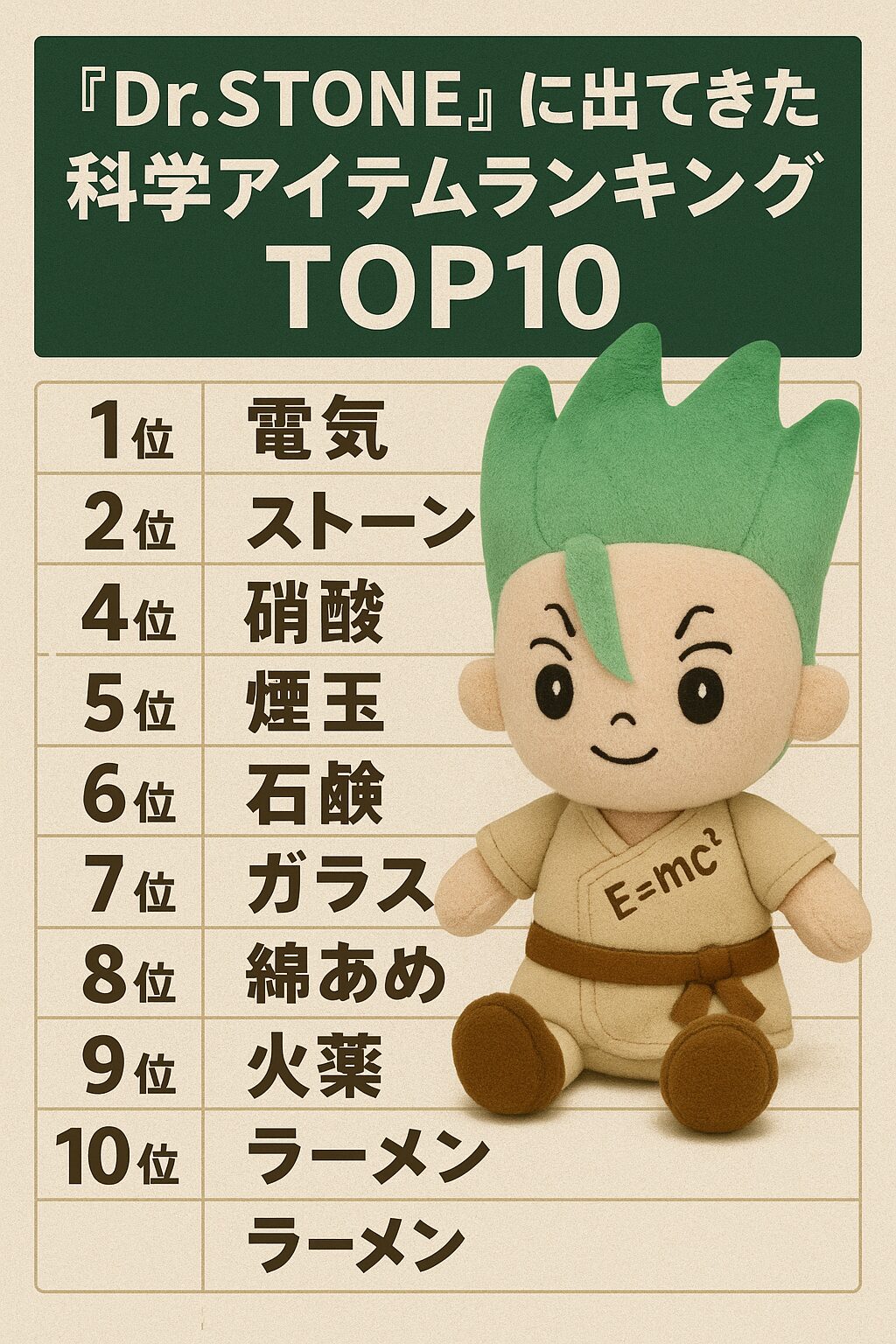 『Dr.STONE』の科学アイテムランキングTOP10を紹介するアイキャッチ画像。ぬいぐるみ風の石神千空が黒板を指差し、電気・携帯・ラーメンなどのアイテムが楽しく並んでいる。