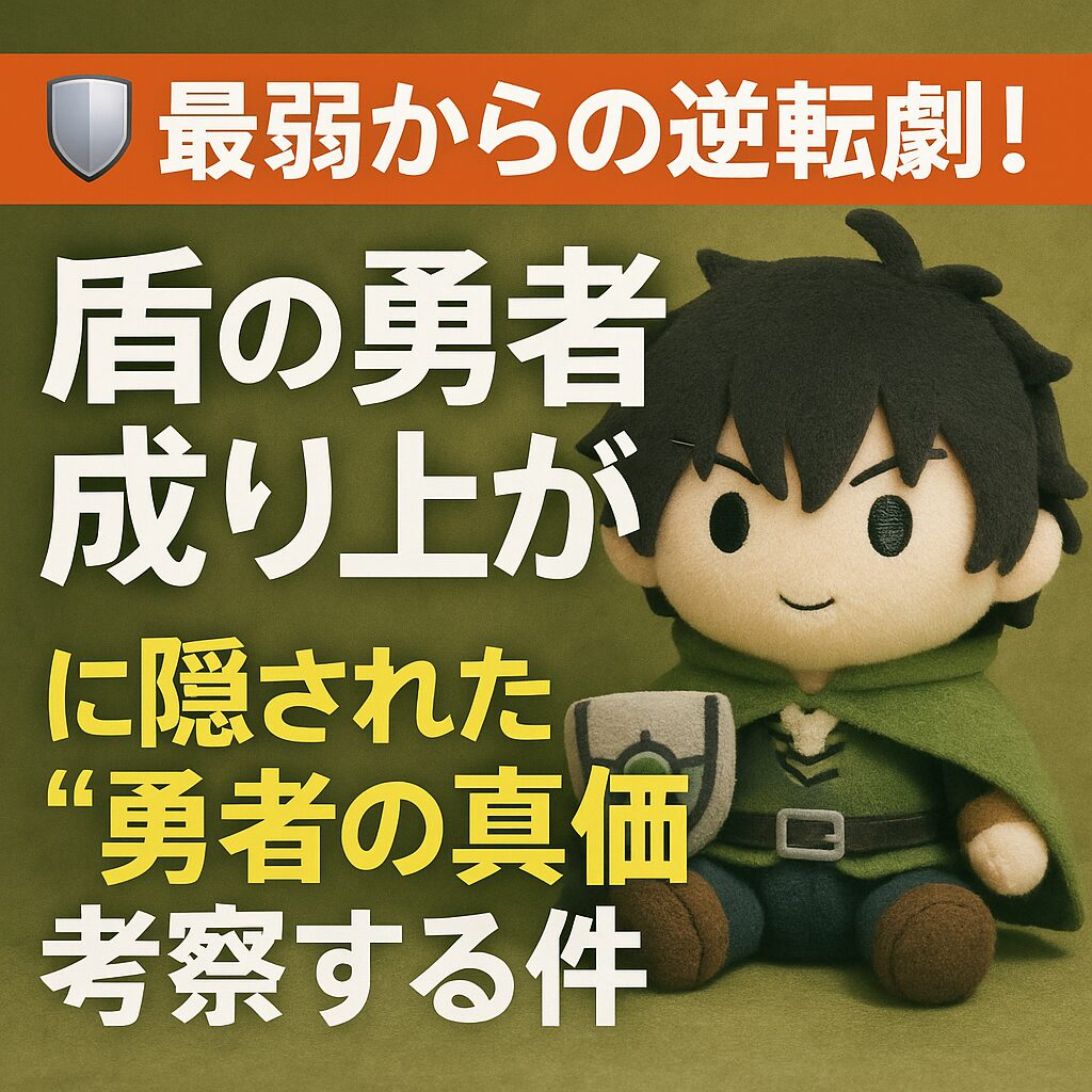 「ぬいぐるみ風の尚文が盾を構えて立っているアイキャッチ画像。『盾の勇者の成り上がり』考察記事のサムネイル」