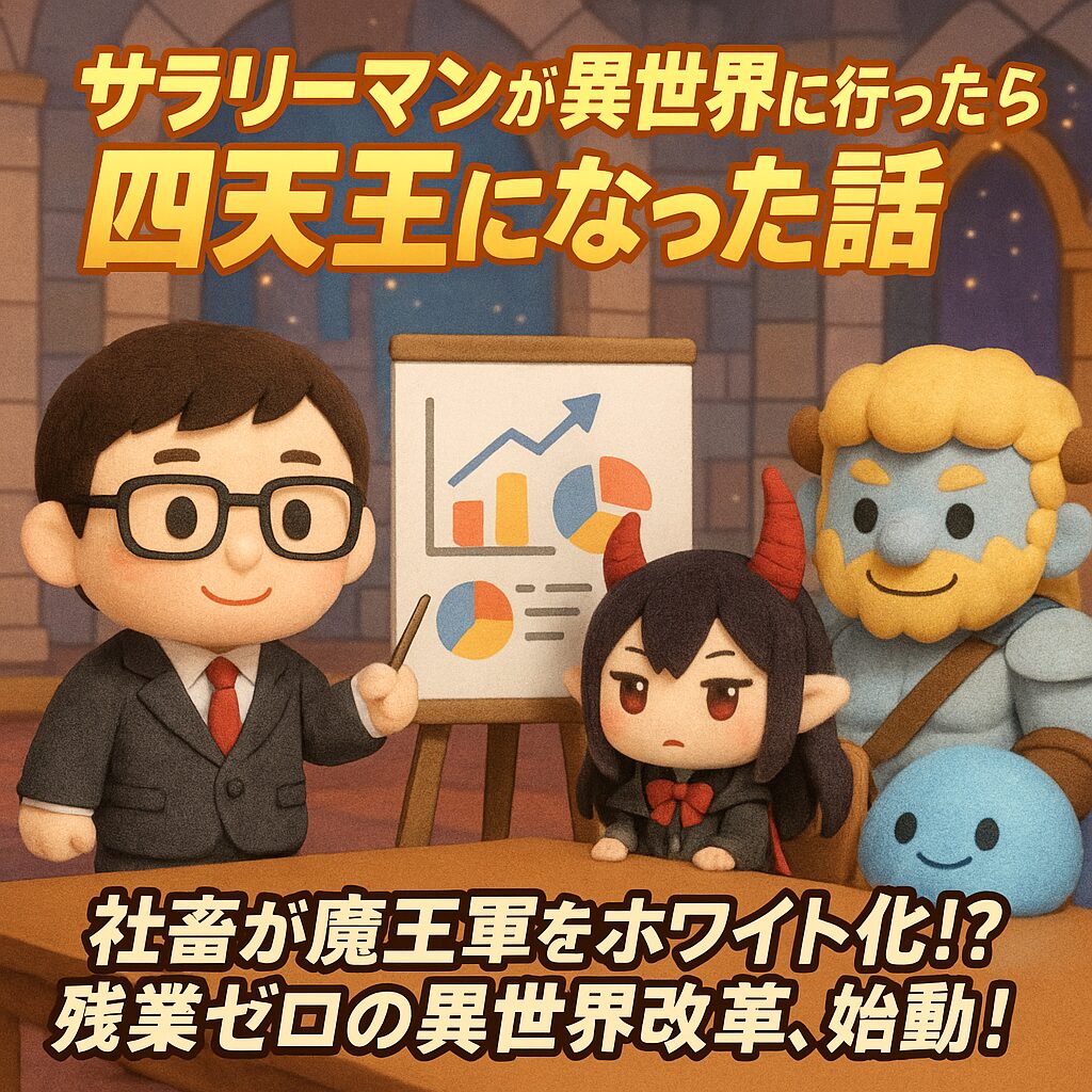 異世界の魔王軍会議室で、スーツ姿のぬいぐるみサラリーマンが四天王に仕事改革をプレゼンしているシーン。